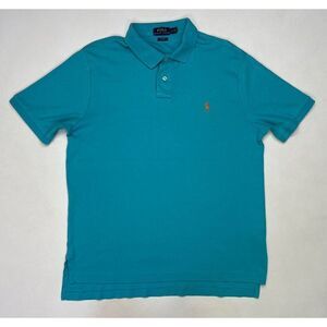 Polo Ralph Lauren Polo Shirt Men Large Aqua Blue Pony Orange Short Sleeve